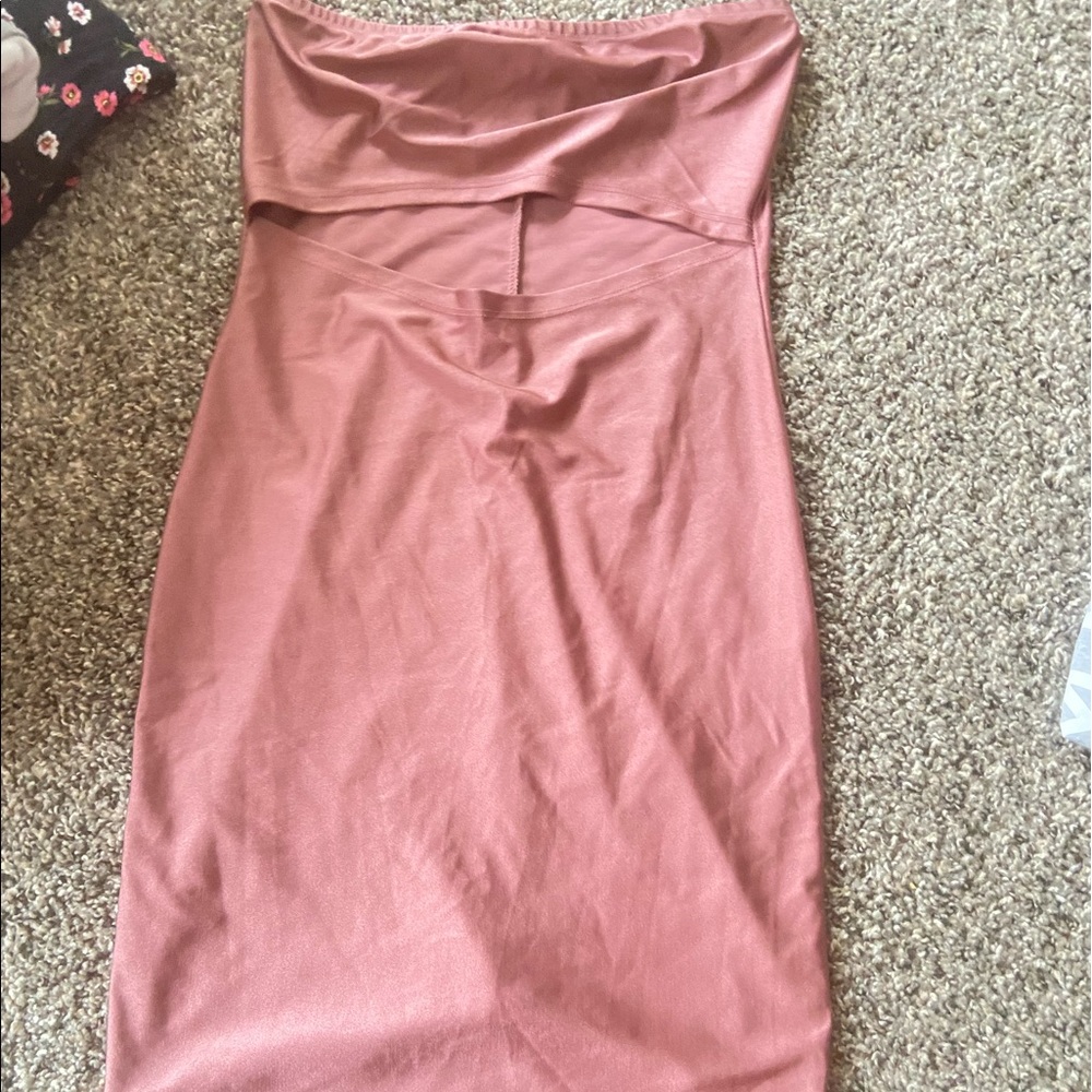 pink mid cut strapless dress